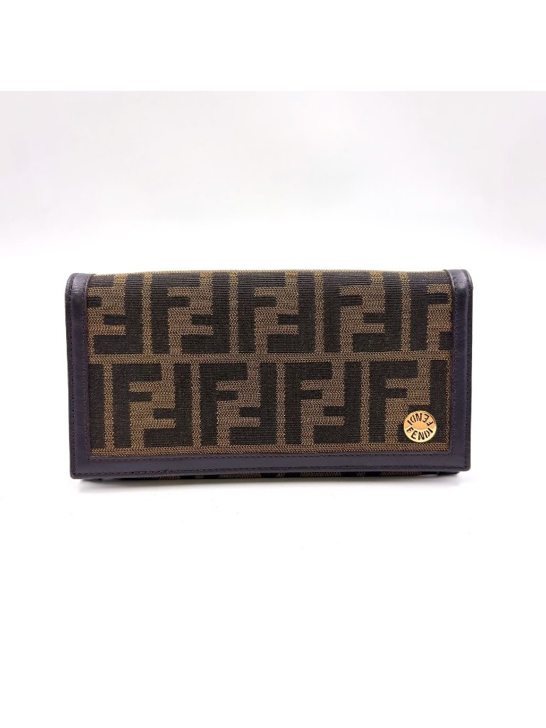 Fendi Zucca Pattern Leather Canvas Brown Black Bifold Wallet Gold